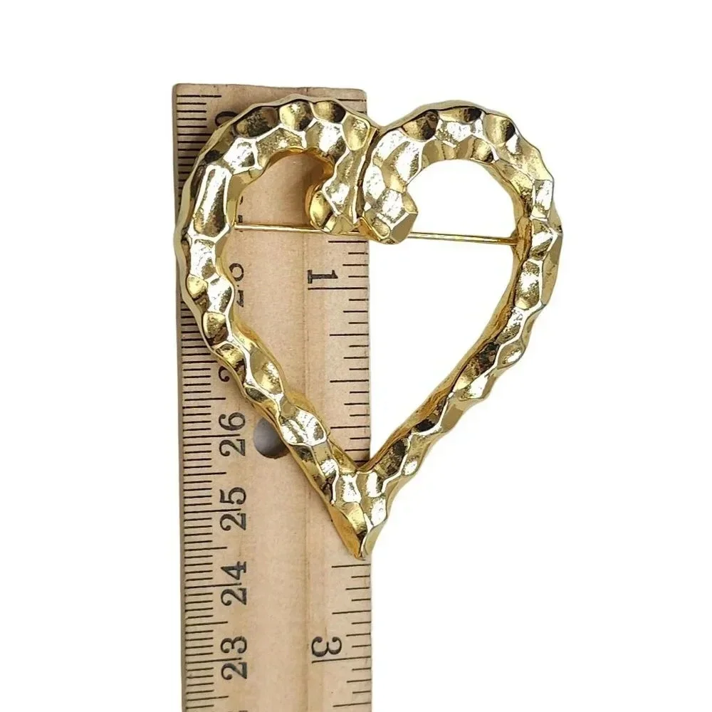 Large Hammered Heart Brooch Pin Gold Tone Vintage
